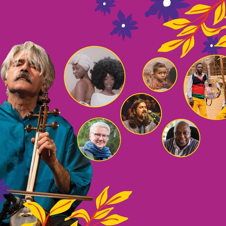 Pictures of World Village Festival's performers on purple background. Kayhan Kalhor, Madalitso Band, Ricky Kej, Pirkka-Pekka Petelius, among others.