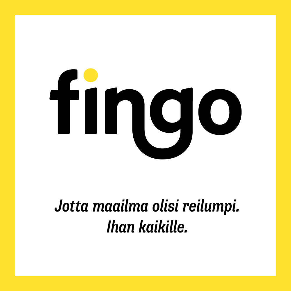 Fingon mainosbanneri, jossa logo ja teksti Jotta maailma olisi reilumpi. Ihan kaikille.