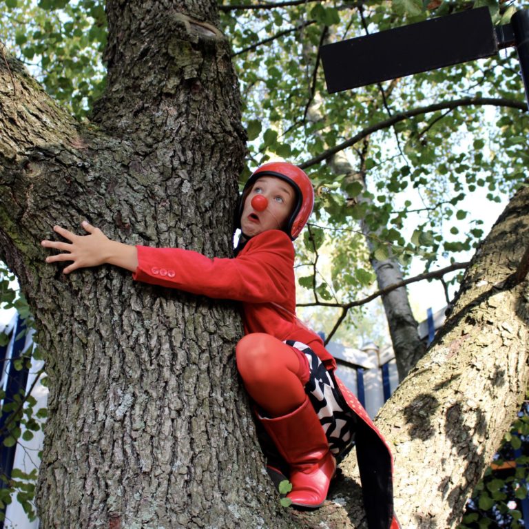 In photo: A clown climbing in a tree
