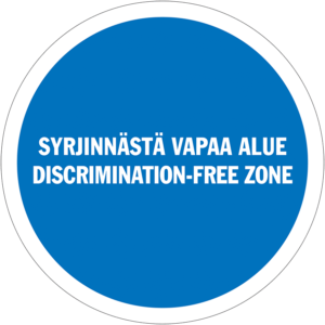 Anti-discrimination area logo. The logo has a blue background and a circle shape. The logo says in text: Syrjinnästä vapaa alue -  discrimintion free zone.