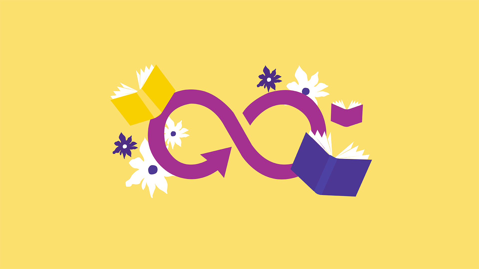 Graphic image with books, flowers and recycling icon on yellow background.