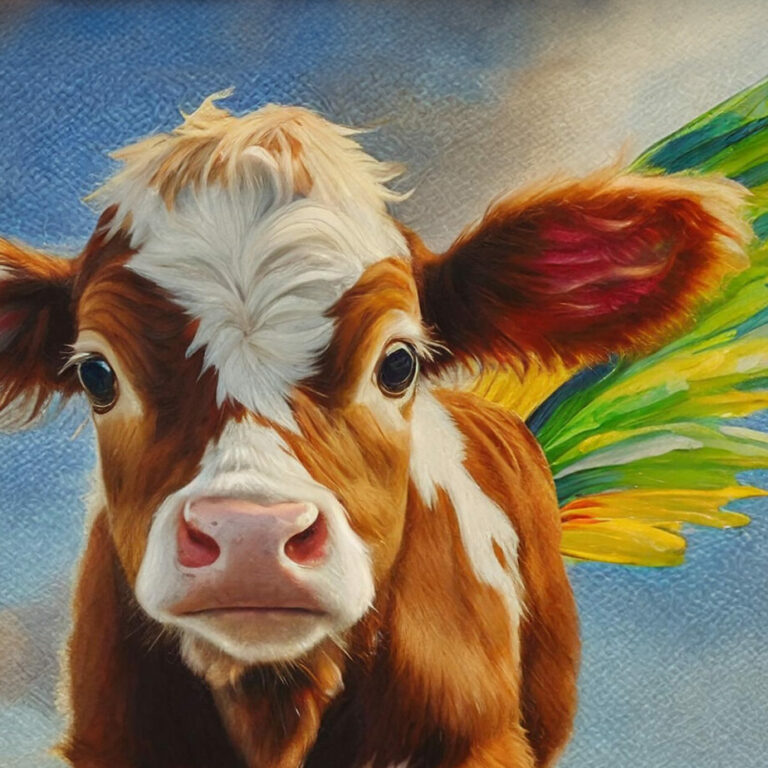 A painting style picture of a brown calf in front of a blue sky.