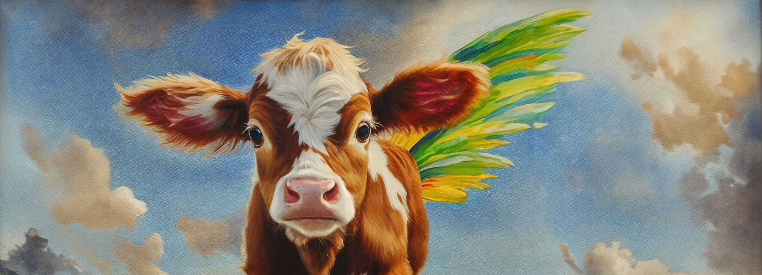 A painting style picture of a brown calf in front of a blue sky.