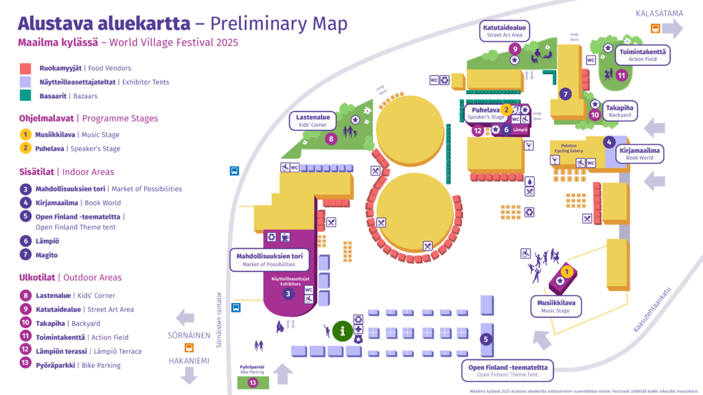Maailma kylässä -festivaalin alustava aluekartta.