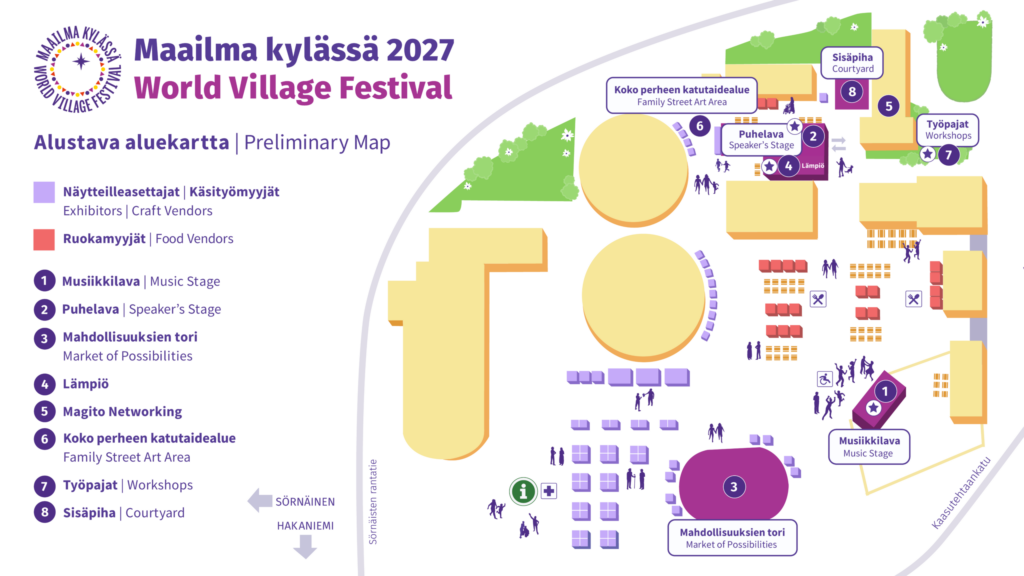 Festivaalialueen alustava kartta.